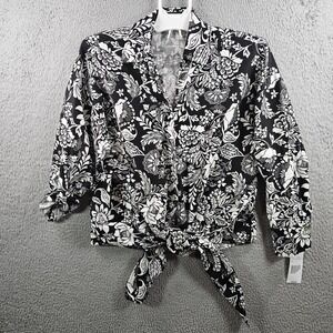 NEW Calessa Shirt Top Women Small Tie Front Floral Print Button Up Black White